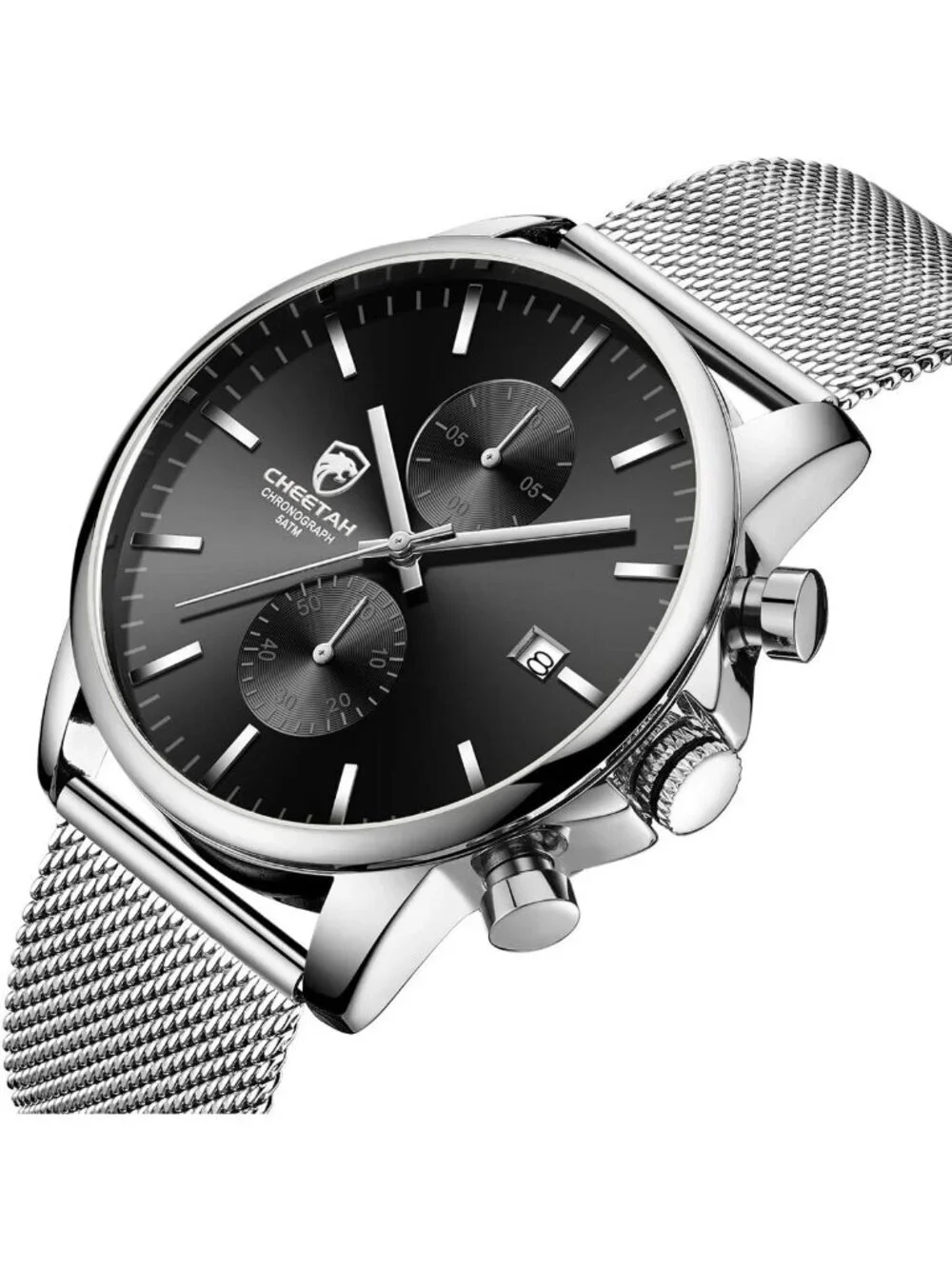 Men's Silver Black Quartz Analog Mesh Strap Stainless Steel Chronograph Watch
